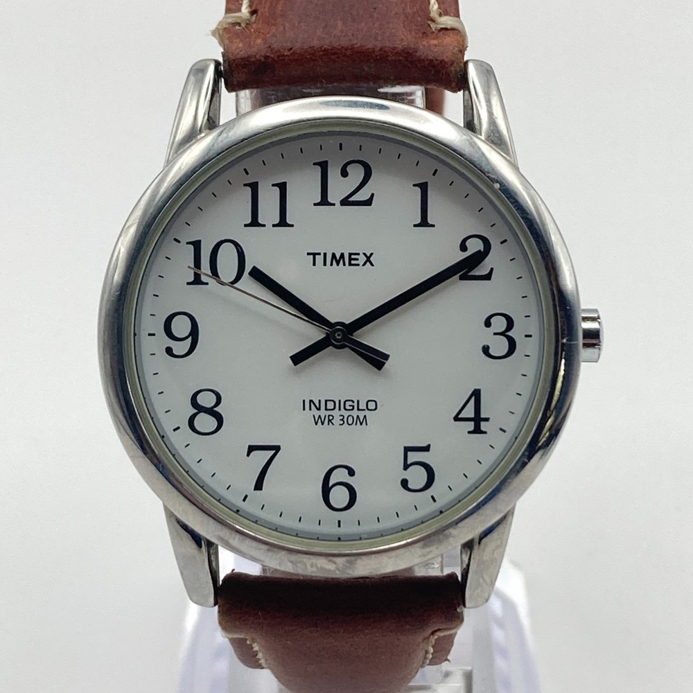 Timex Easy Reader Mens Watch 35mm Silver Tone Indiglo Leather New Battery 2011